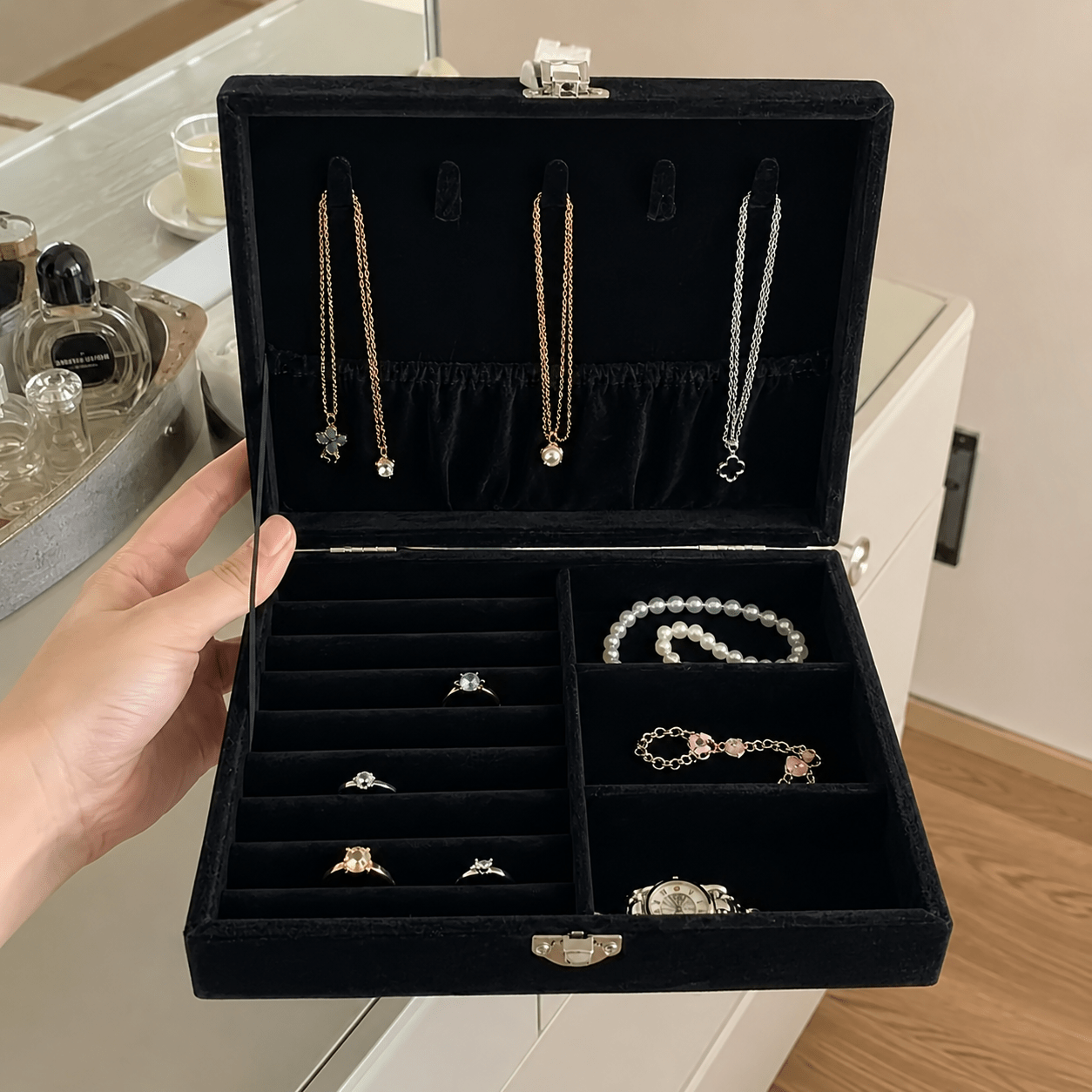Black Velvet Compartment Jewelry Organizer with Flip-Top Lid